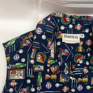 Vtg Darlyn Golf Novelty Print‎ Sleeveless Button Down Top Navy Blue Womens M USA